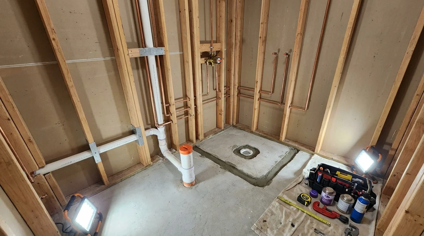 Bathroom rough-in plumbing during remodel by Johns Plumbing LLC in Crestwood
