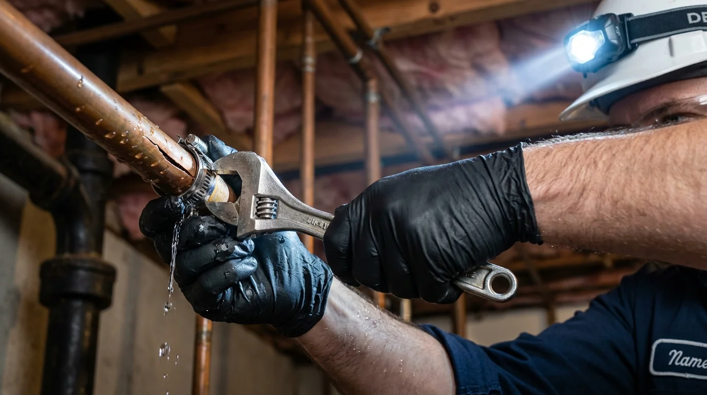 Emergency pipe clamp repair being performed by a Johns Plumbing LLC plumber in Crestwood